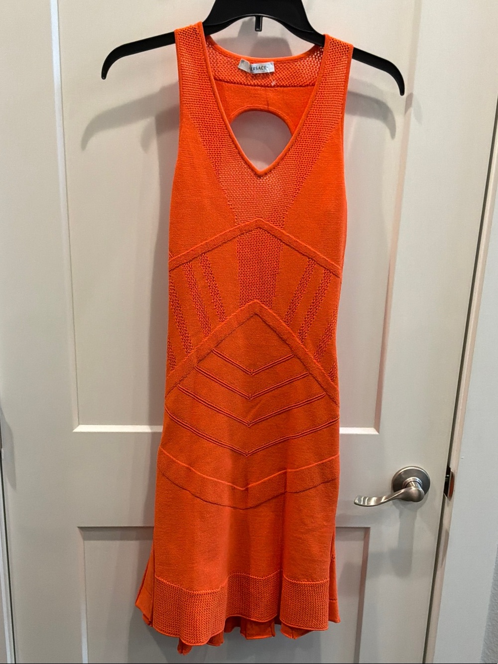 Versace Vintage Size 42 Orange Knit Midi Dress Keyhole Detail Mini Hue V Neck